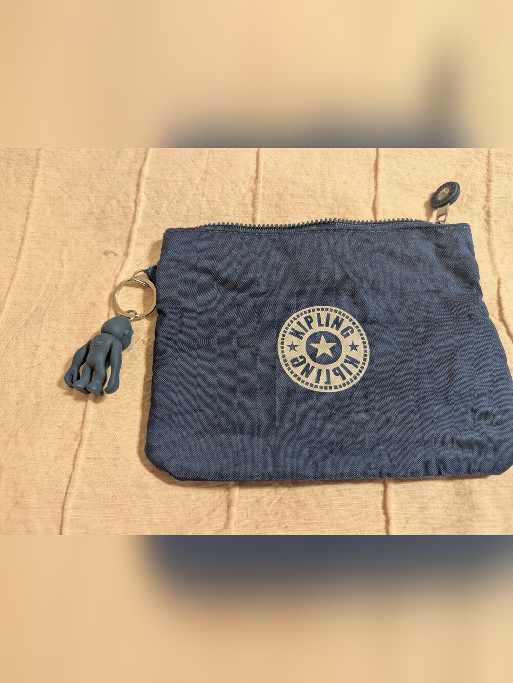 Kipling Navy Blue Canvas Zip Pouch with Monkey Keychain